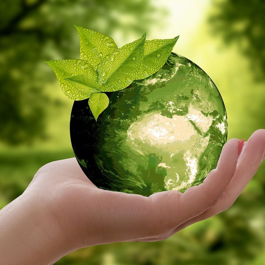 A hand holding a green world with a leaf, showing our commitment to sustainability and a greener planet.